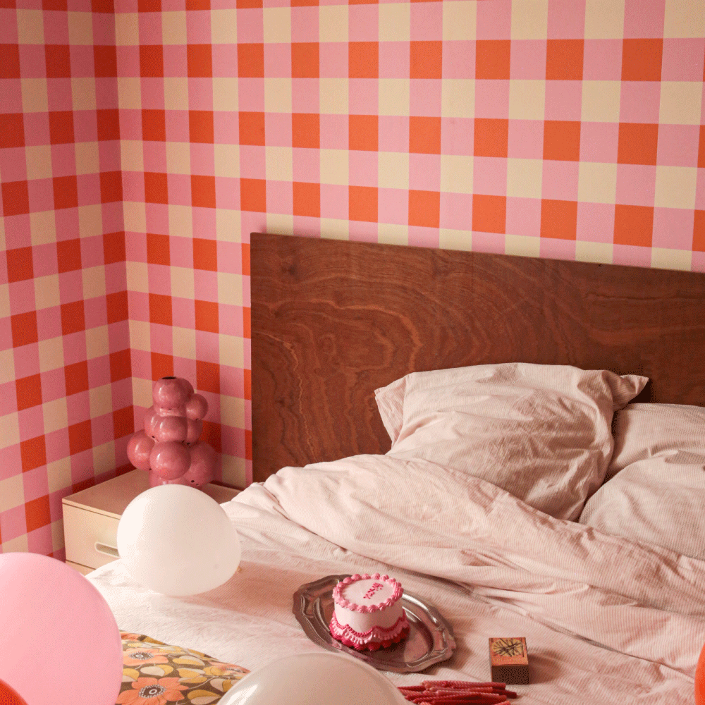 Pink and orange gingham wallpaper