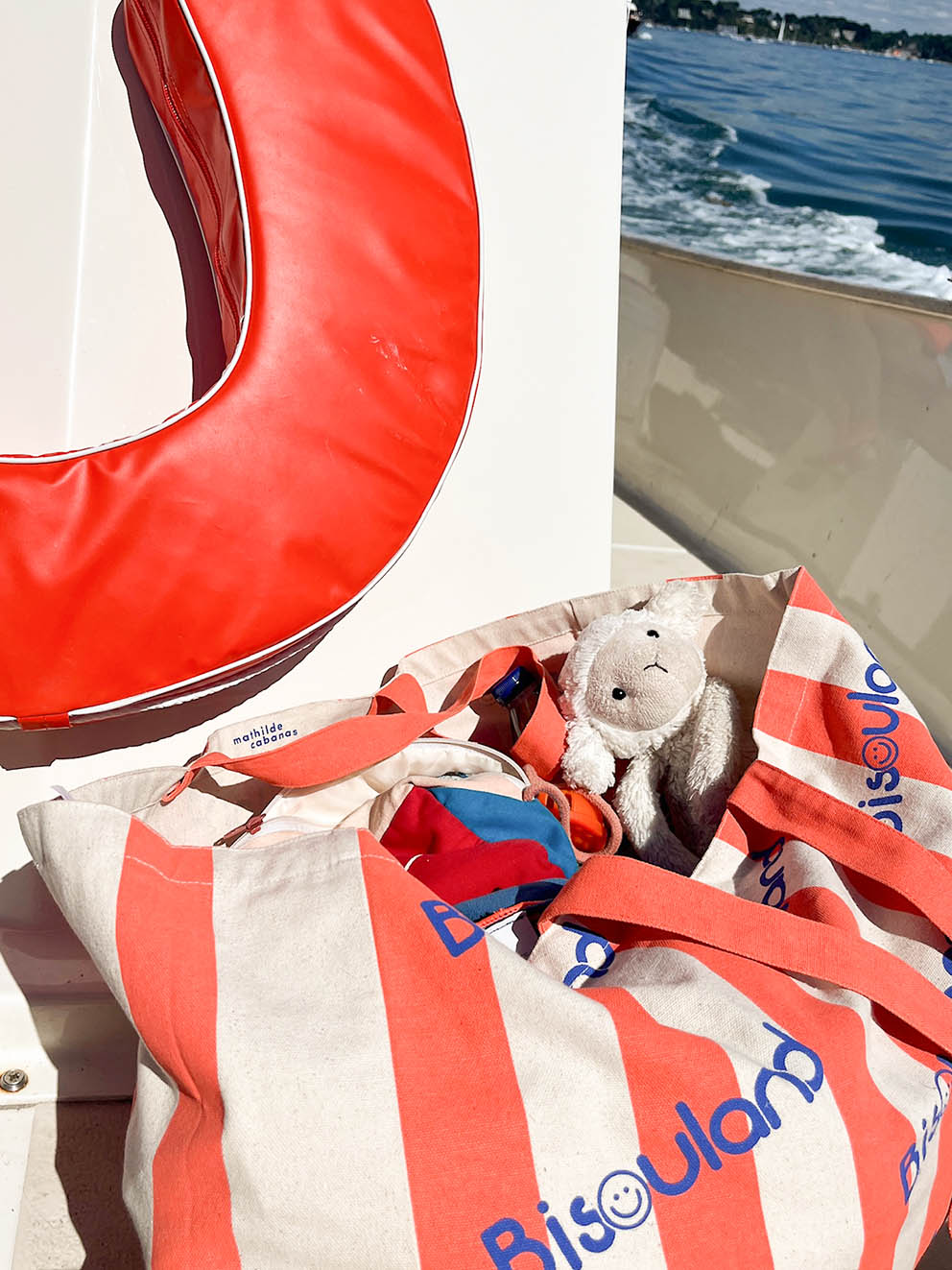 White and red Bisouland tote bag