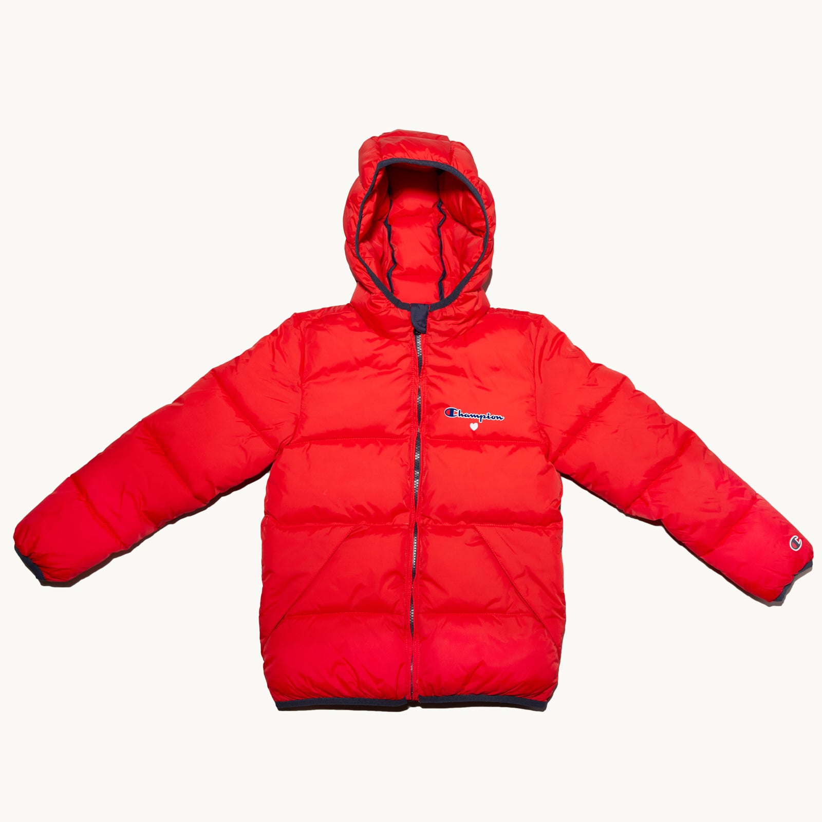 MC x Champion red puffer jacket