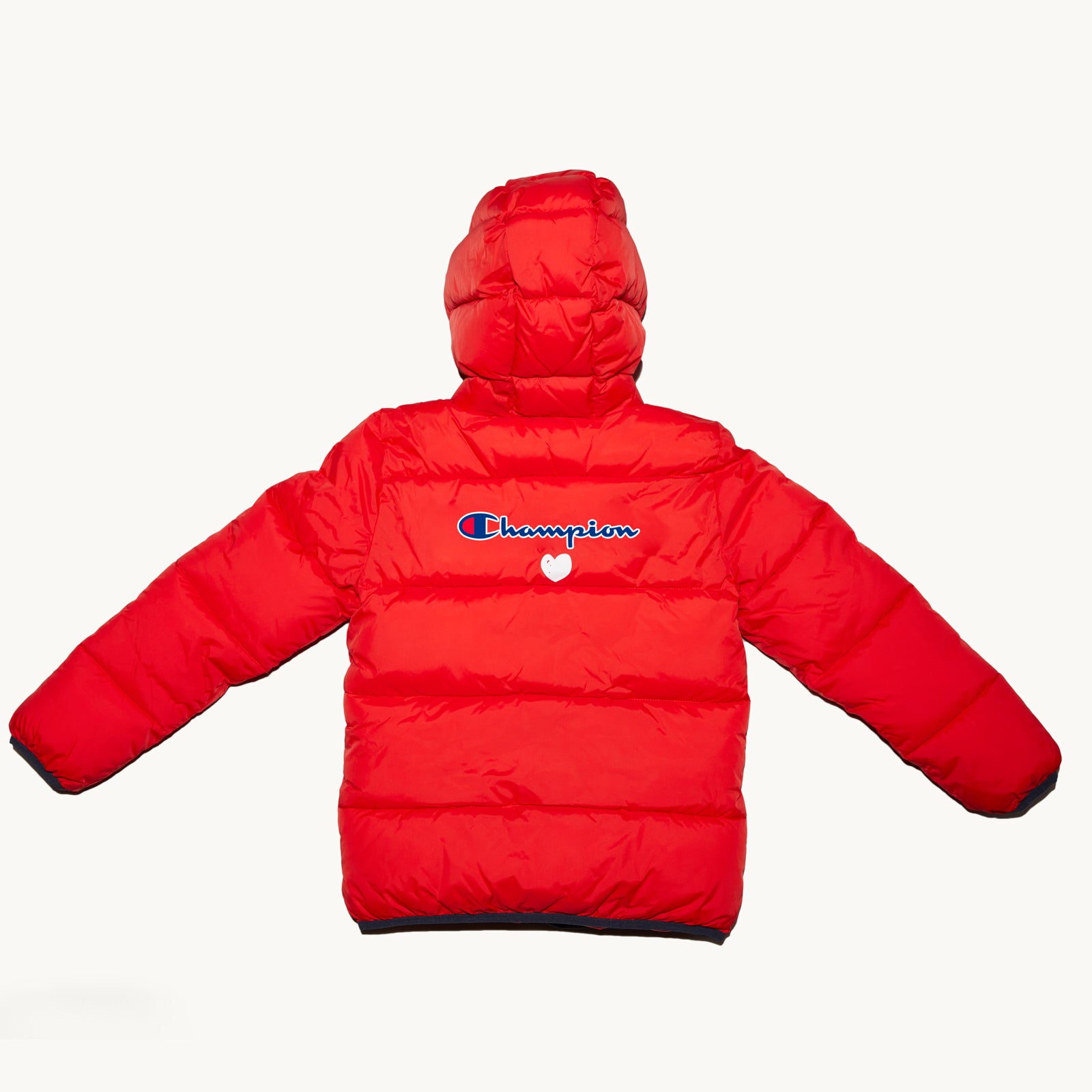 MC x Champion red puffer jacket